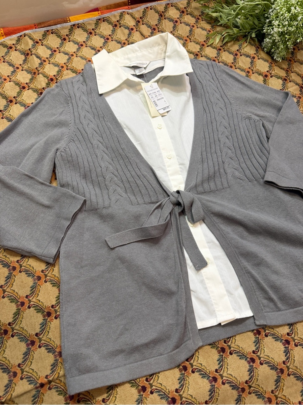 Gray Tie-Front Women's Cardigan Sweater-one piece - Picture 3 of 11